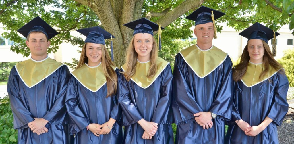 Commencement speakers for the Class of 2017 are, from left, Jordan Martzall, Brooke DeBerdine, Danielle Althouse, Mark Battle and Christine Bye.
