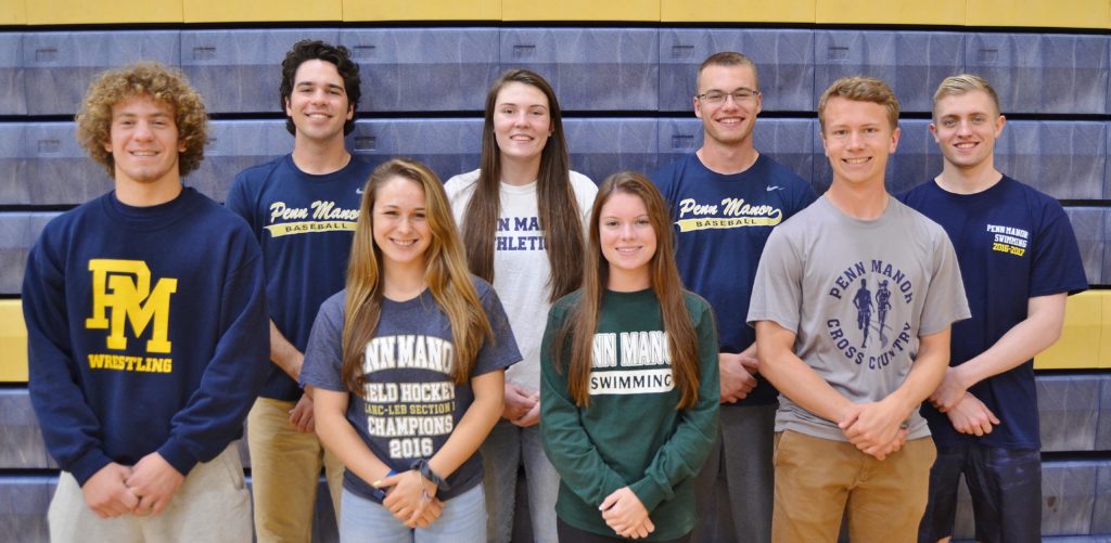Honored athletes, from left, Jonah Barley, Jeff Taylor, Brooke DeBerdine, Brittany Braun, Amanda DiCamillo, Grant Gale, Malachi Lyon and Jared Byrne.