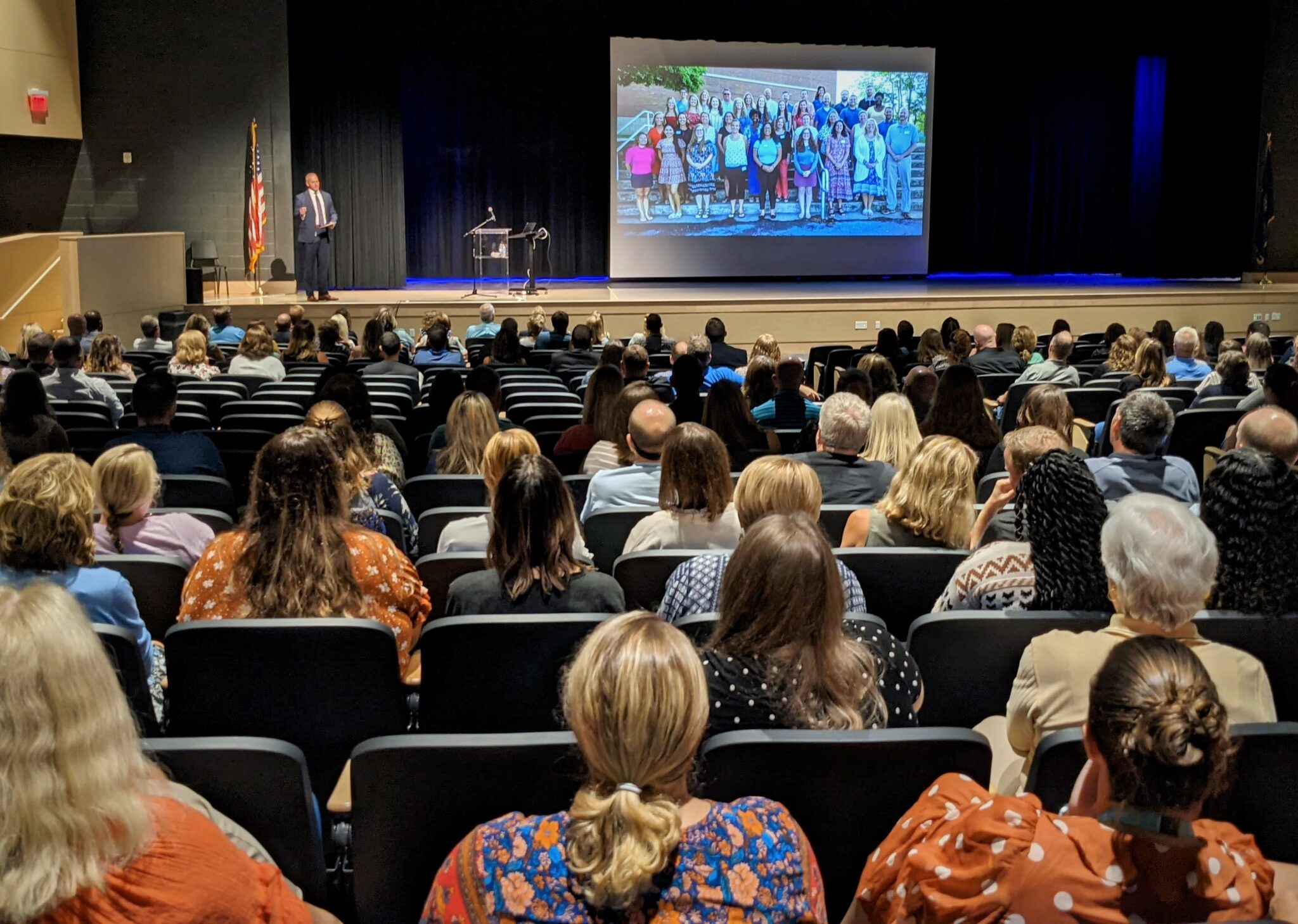 Photo of Dr. Phil Gale addressing the audience in Penn Manor High School auditorium