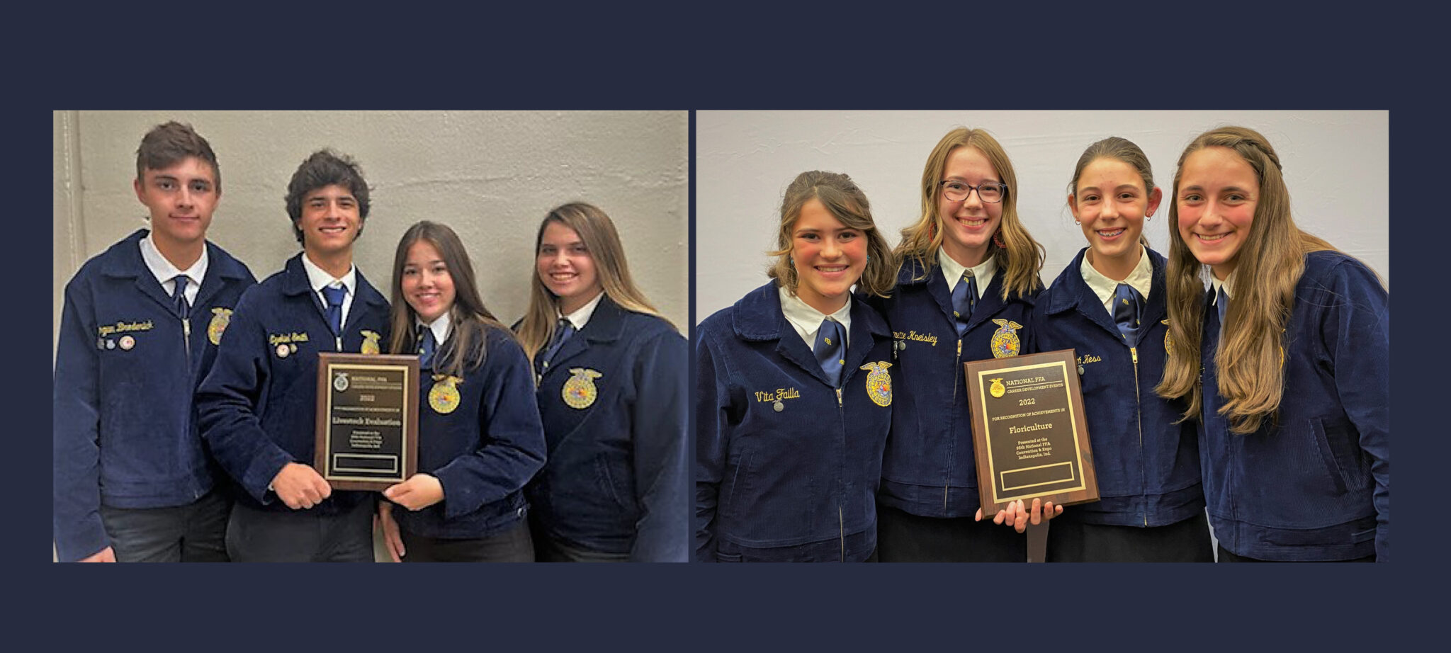 Photos of floriculture and livestock teams.