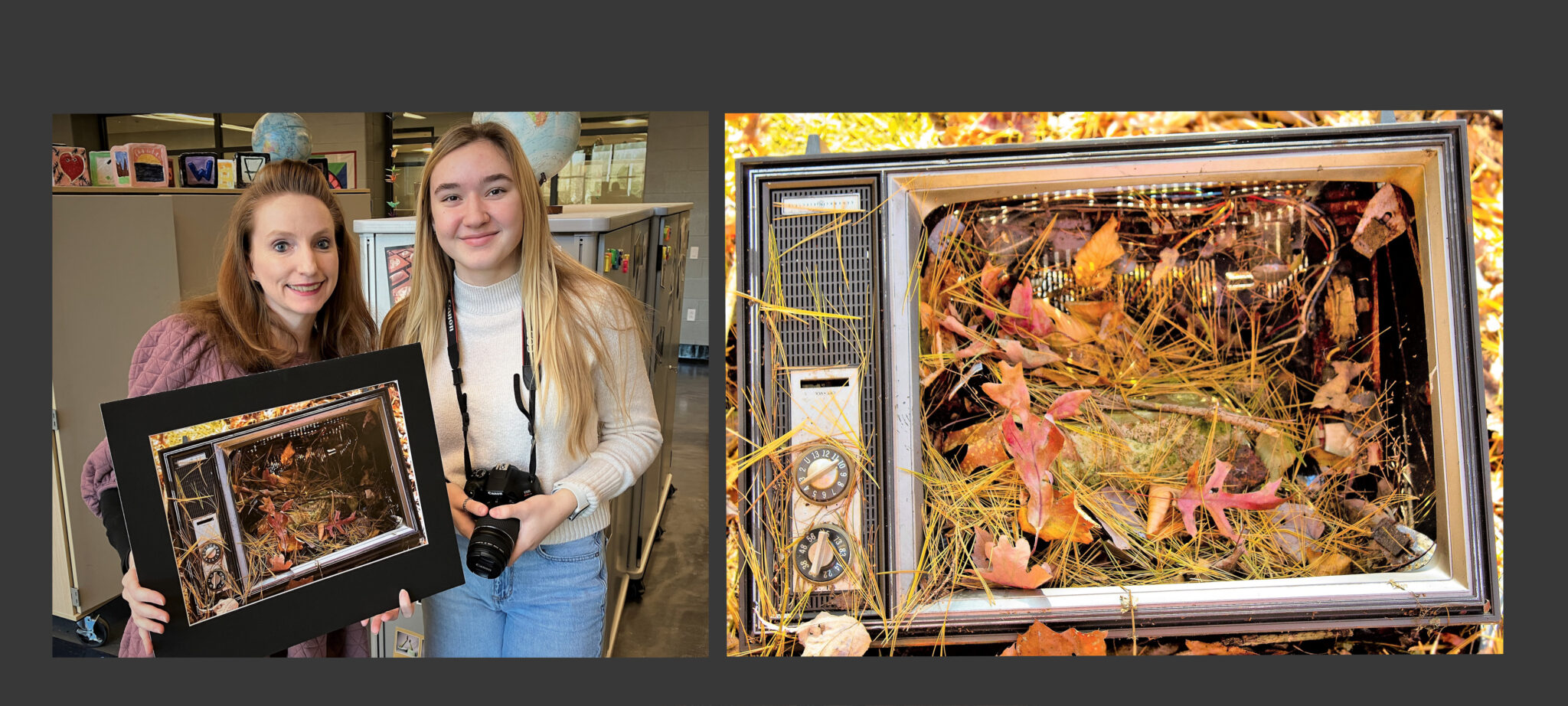 Photos of Maddie Whited and her teacher, Maggie Cantrell and Maddie's winning anti-litter photograph.