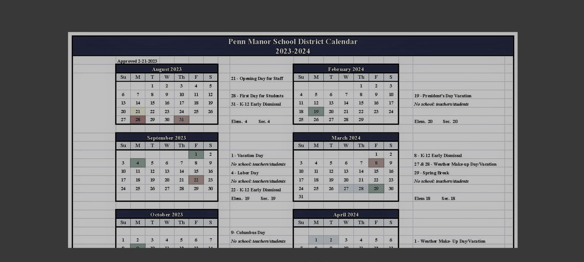 Penn Manor approves 2023-2024 school calendar