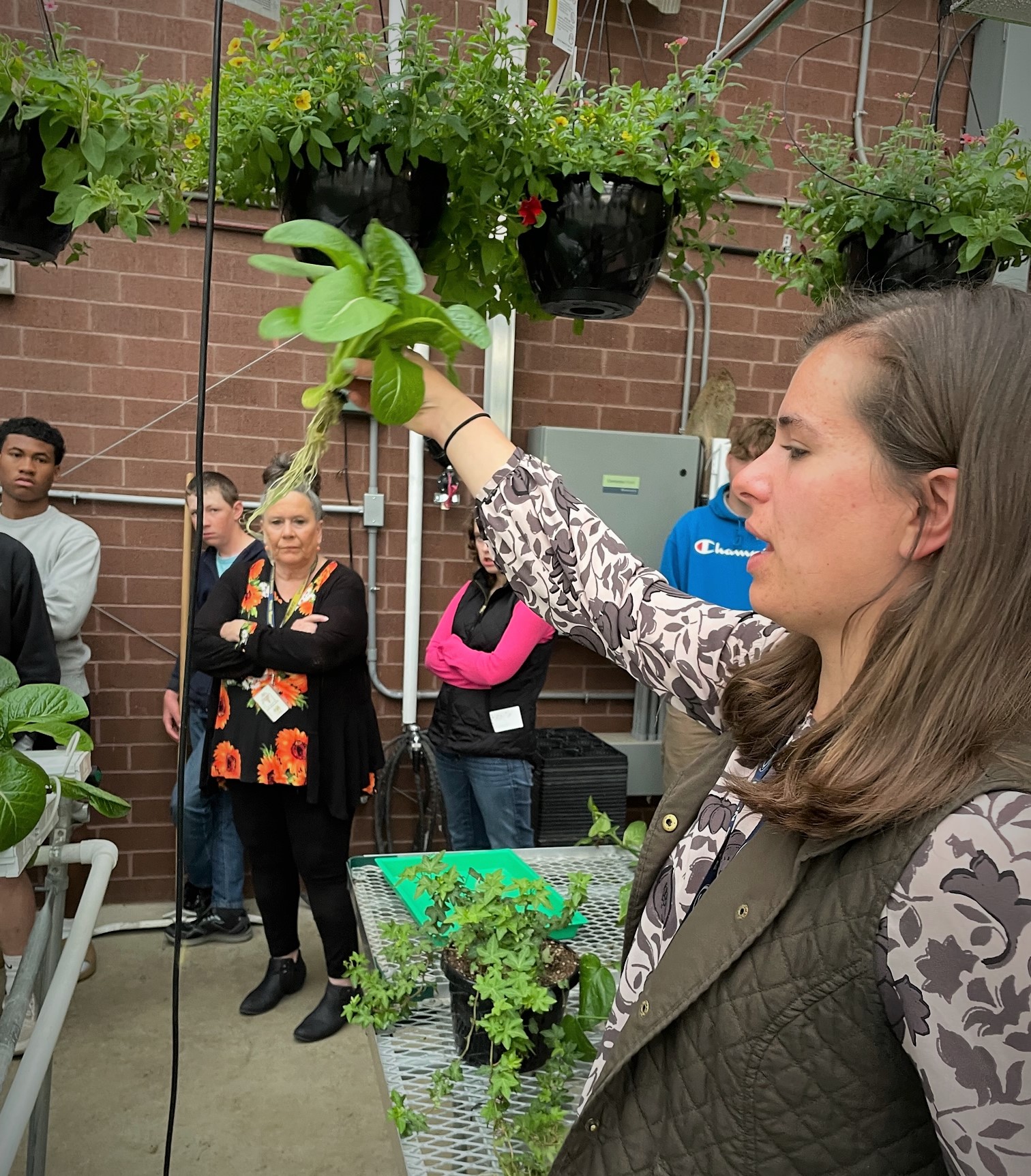 Teacher holding up basil in front of several students in the greenhouse.